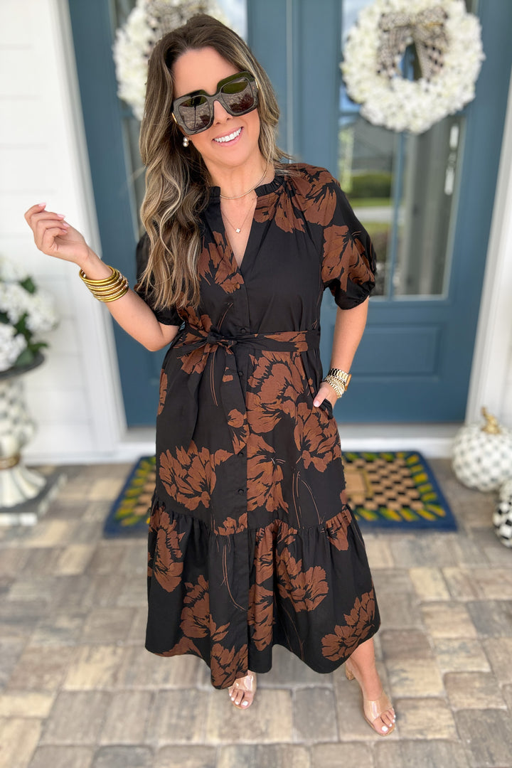 Celina Tiered Midi Dress: Brown