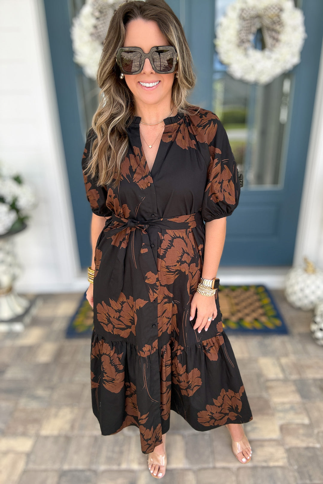 Celina Tiered Midi Dress: Brown