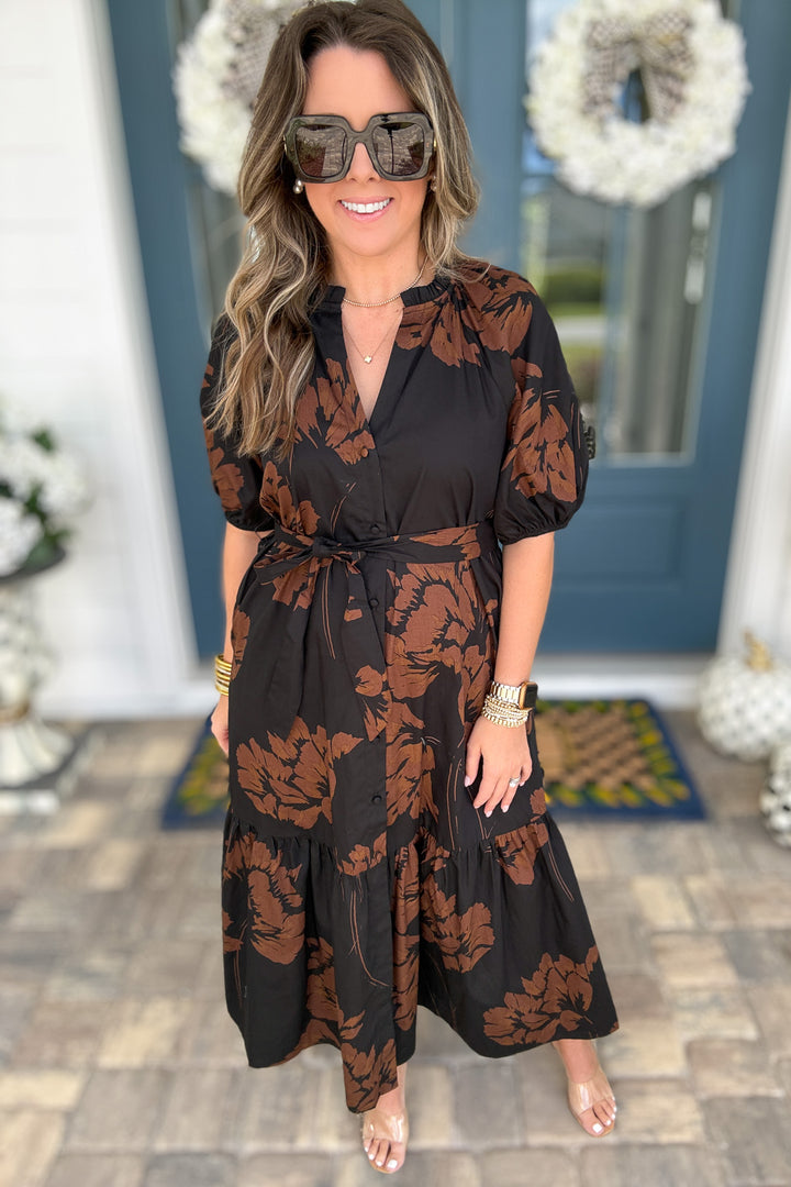 Celina Tiered Midi Dress: Brown