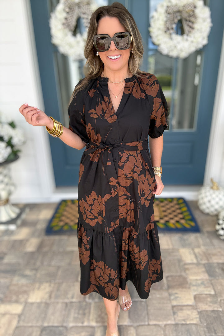 Celina Tiered Midi Dress: Brown