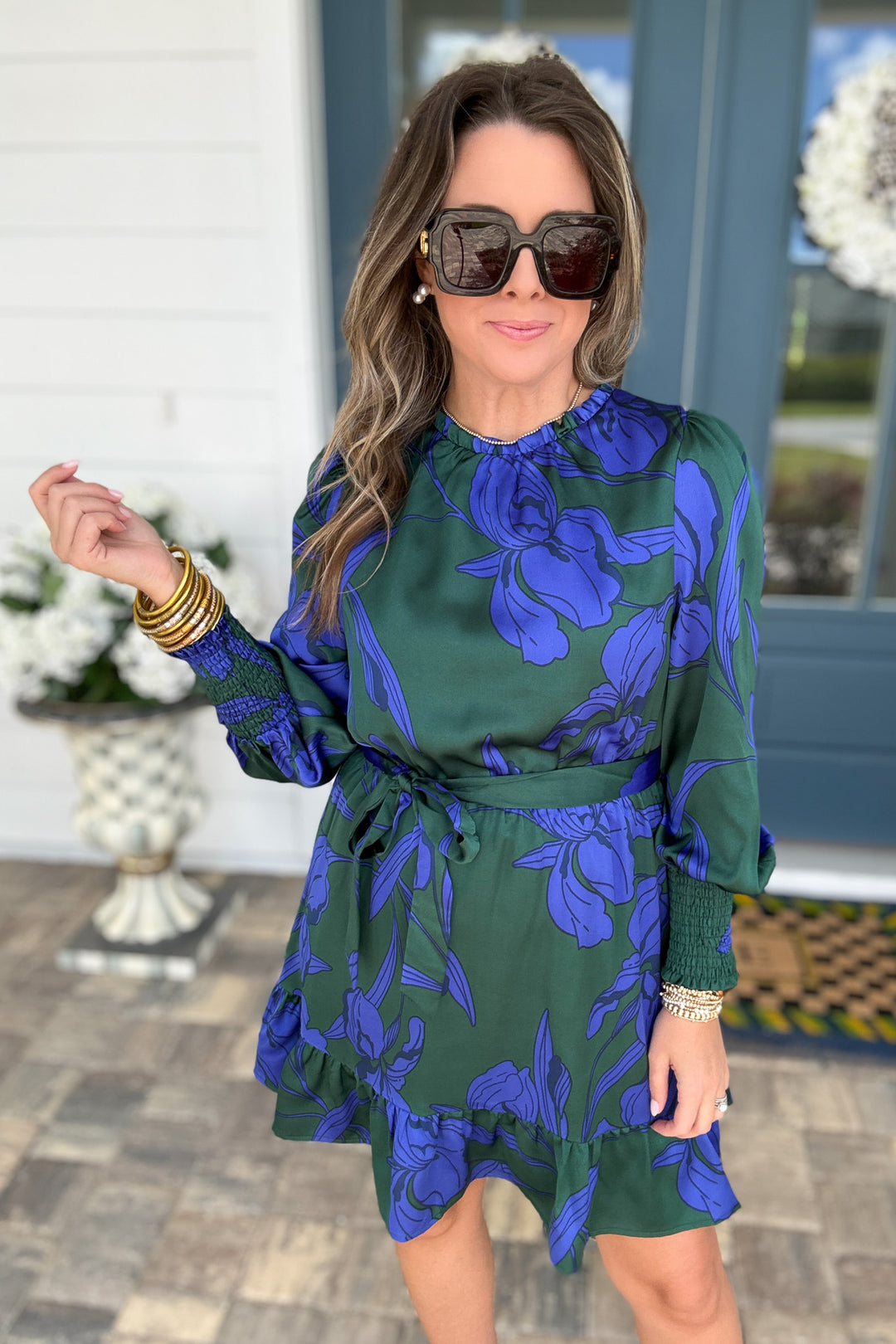 Busbee Floral Satin Ruffle Dress