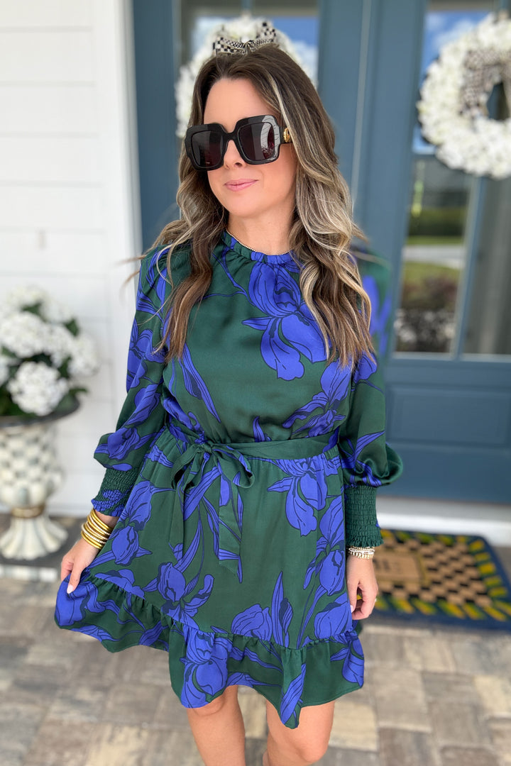 Busbee Floral Satin Ruffle Dress