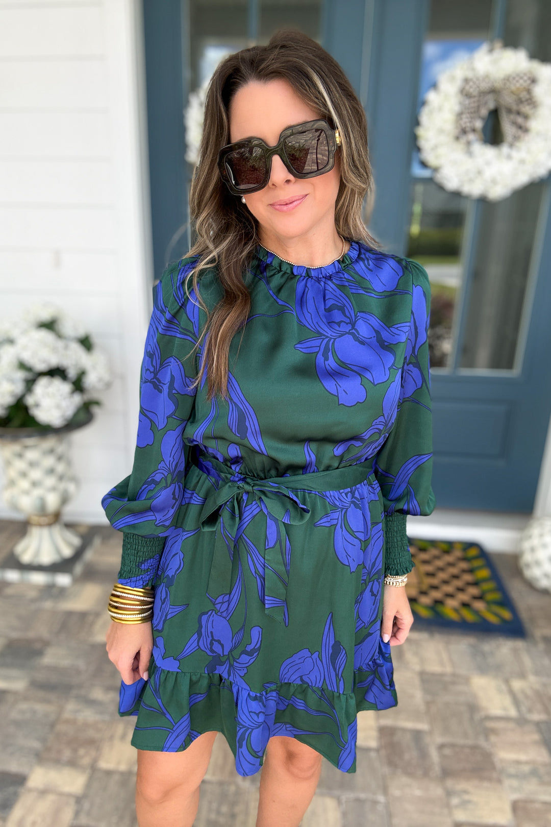 Busbee Floral Satin Ruffle Dress