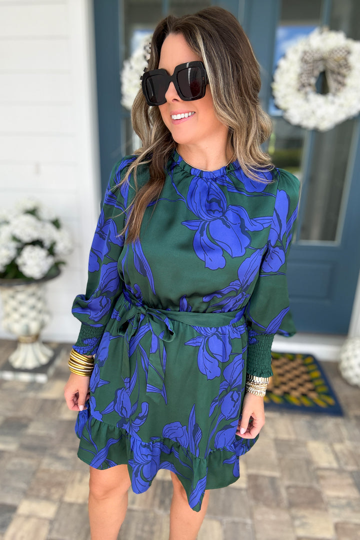 Busbee Floral Satin Ruffle Dress
