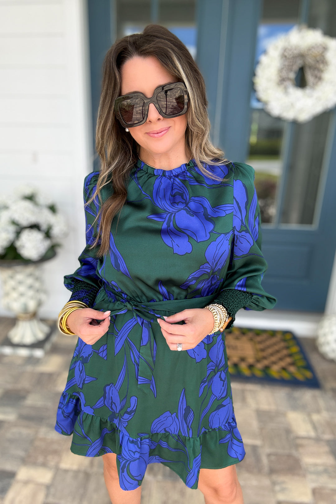 Busbee Floral Satin Ruffle Dress