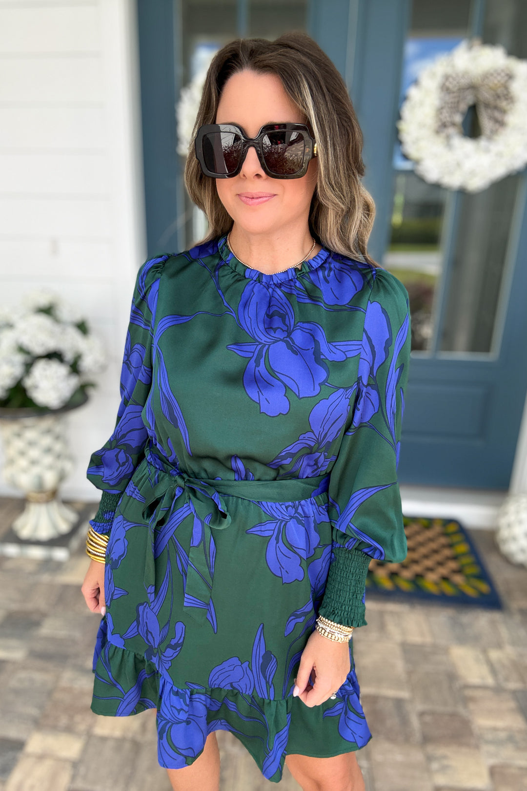 Busbee Floral Satin Ruffle Dress