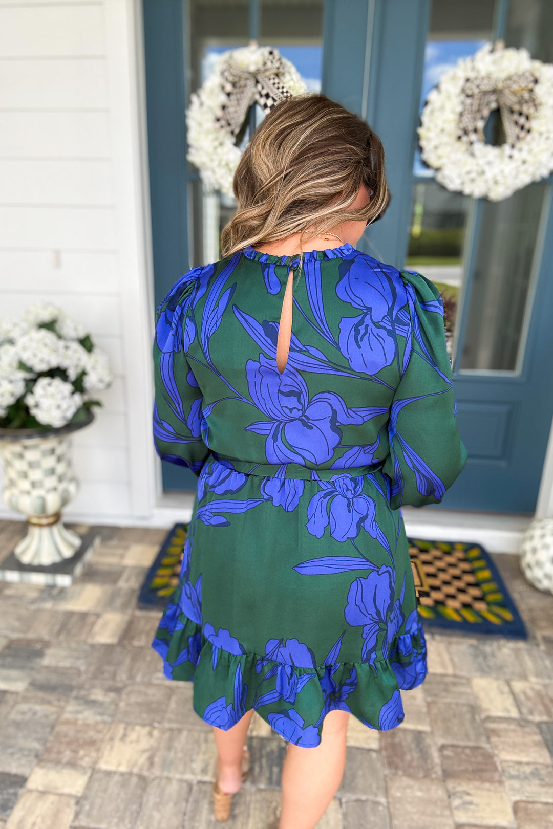Busbee Floral Satin Ruffle Dress