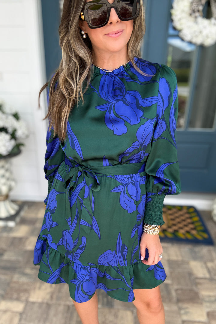 Busbee Floral Satin Ruffle Dress