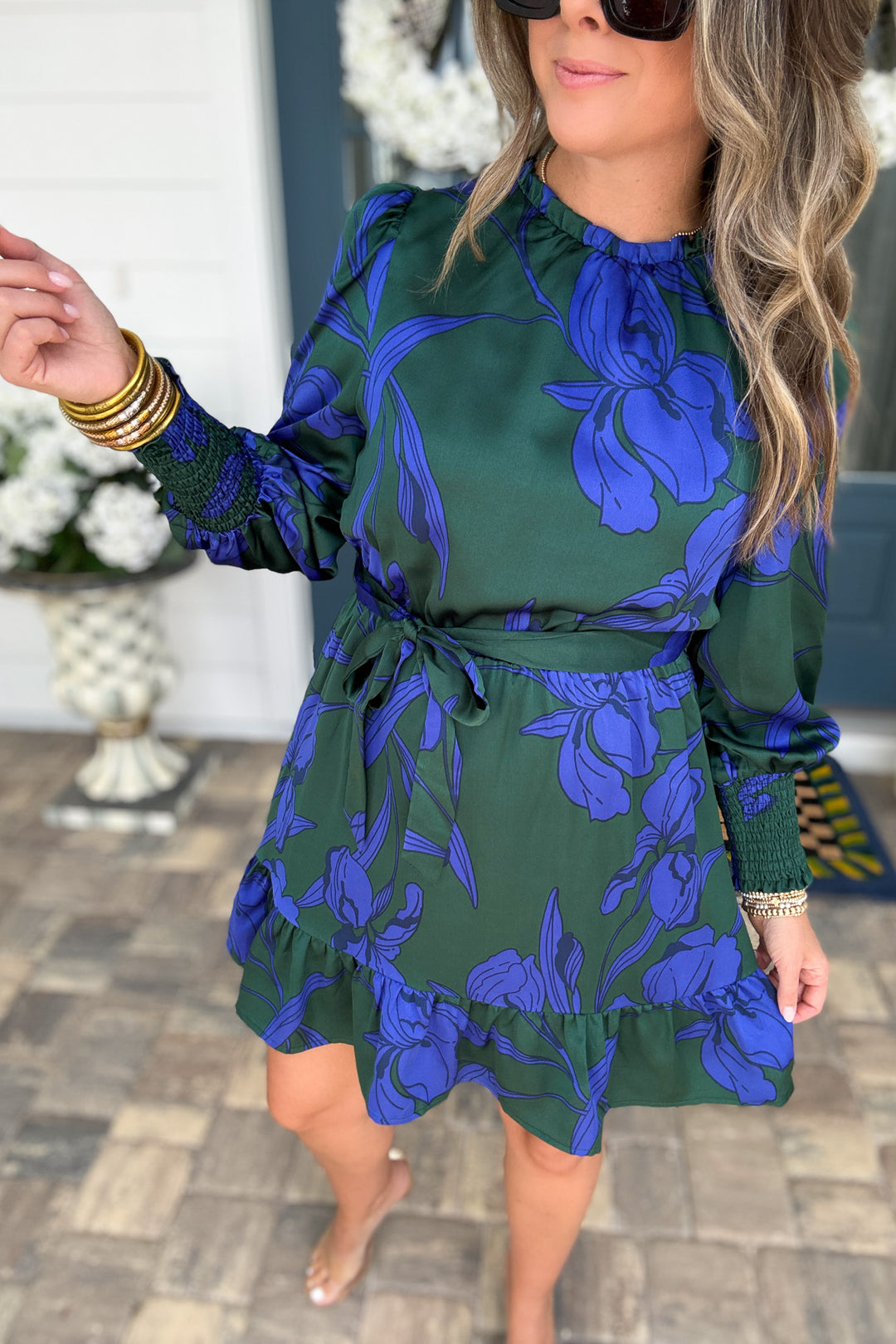 Busbee Floral Satin Ruffle Dress