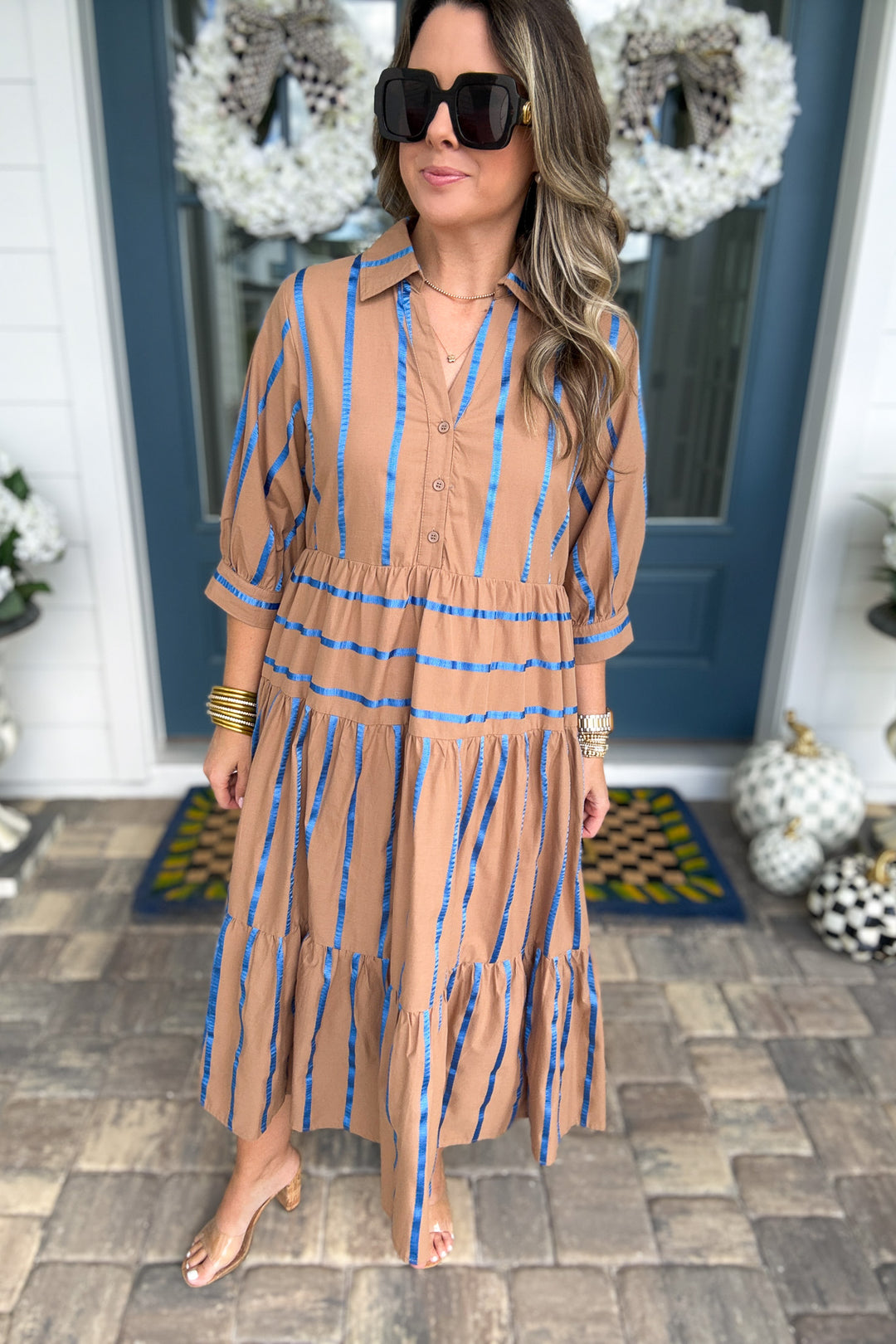 Giving Thanks Stripe  Midi Dress - Mocha