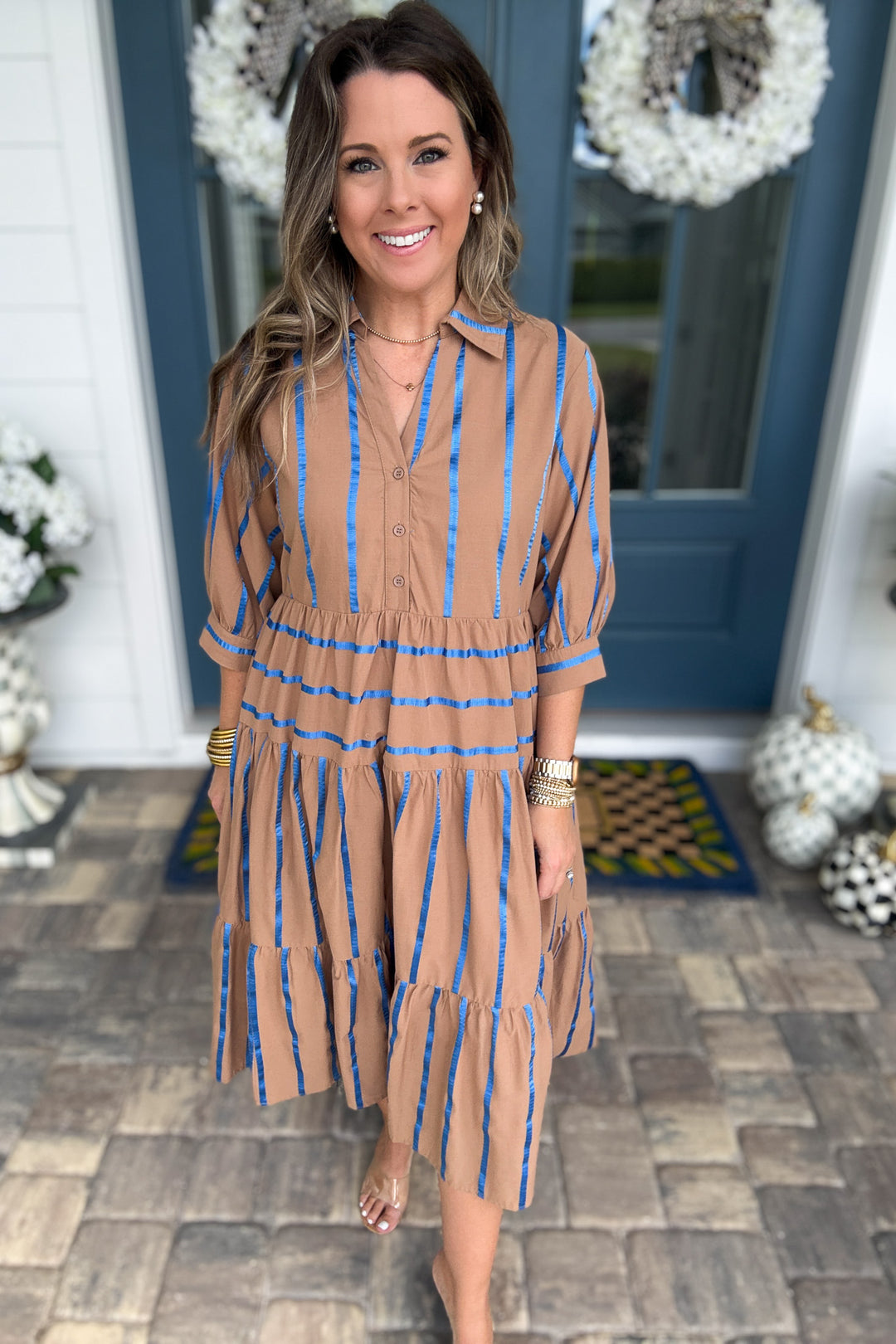 Giving Thanks Stripe  Midi Dress - Mocha