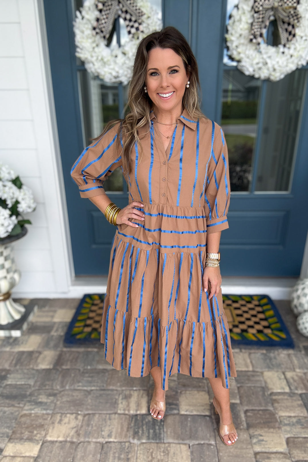 Giving Thanks Stripe  Midi Dress - Mocha