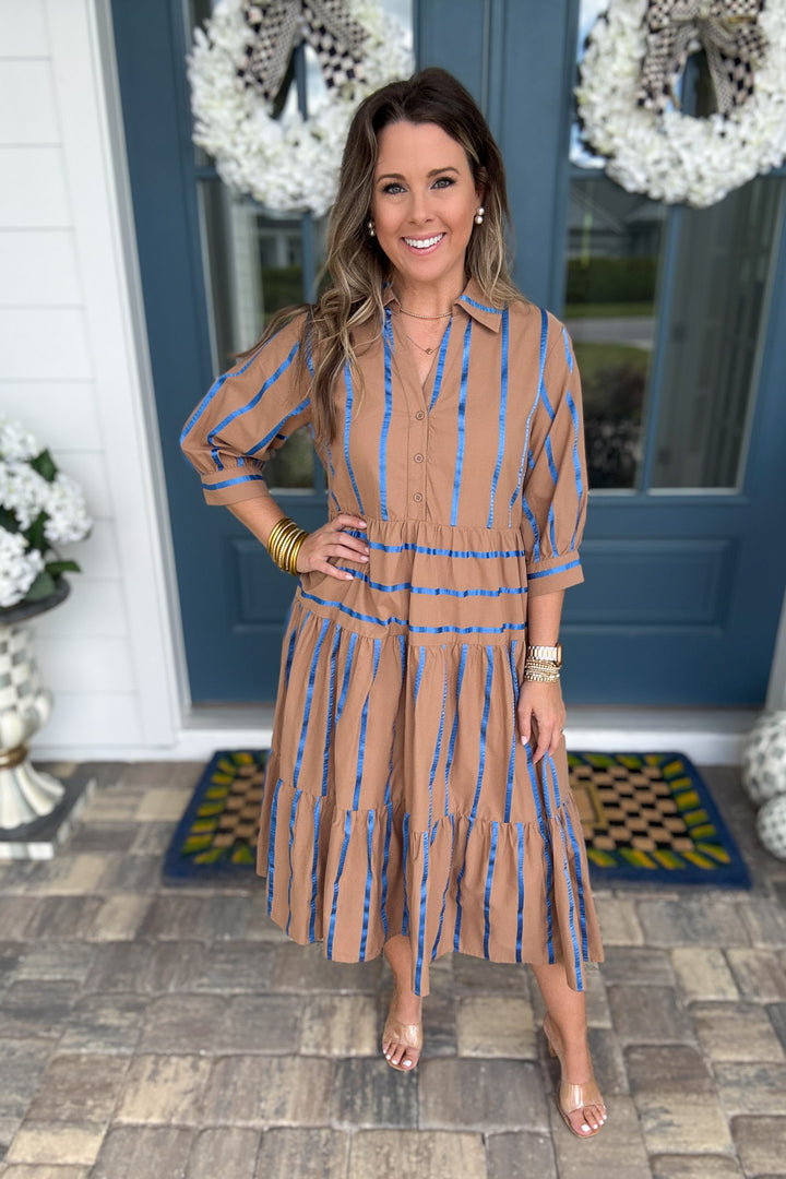 Giving Thanks Stripe  Midi Dress - Mocha