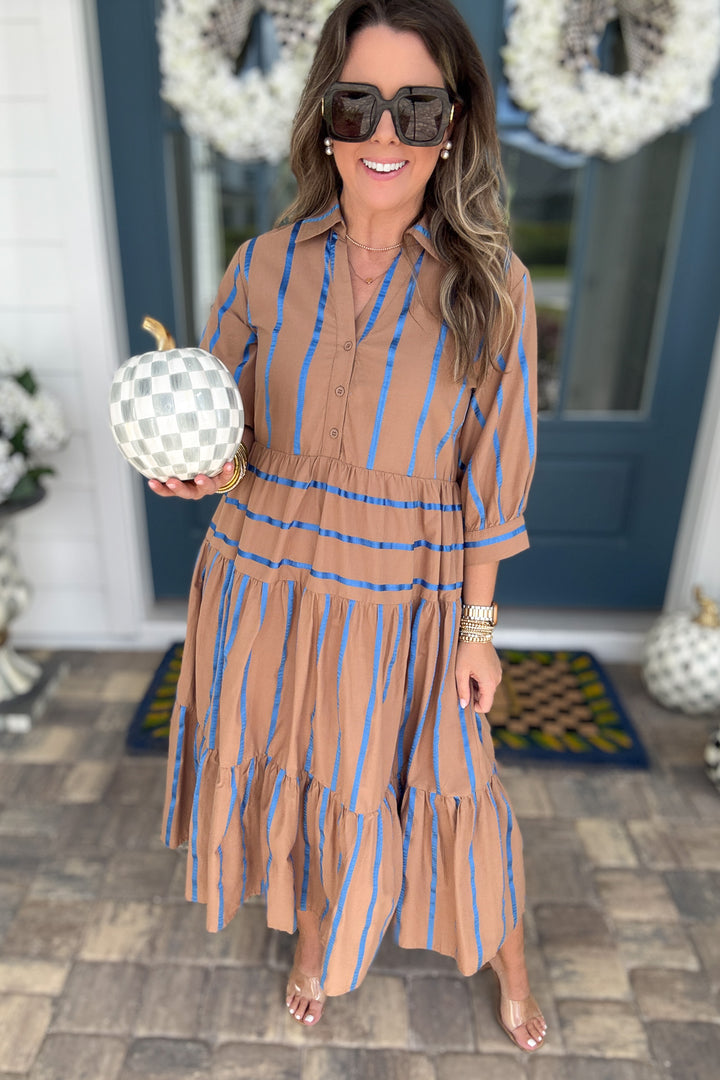 Giving Thanks Stripe  Midi Dress - Mocha
