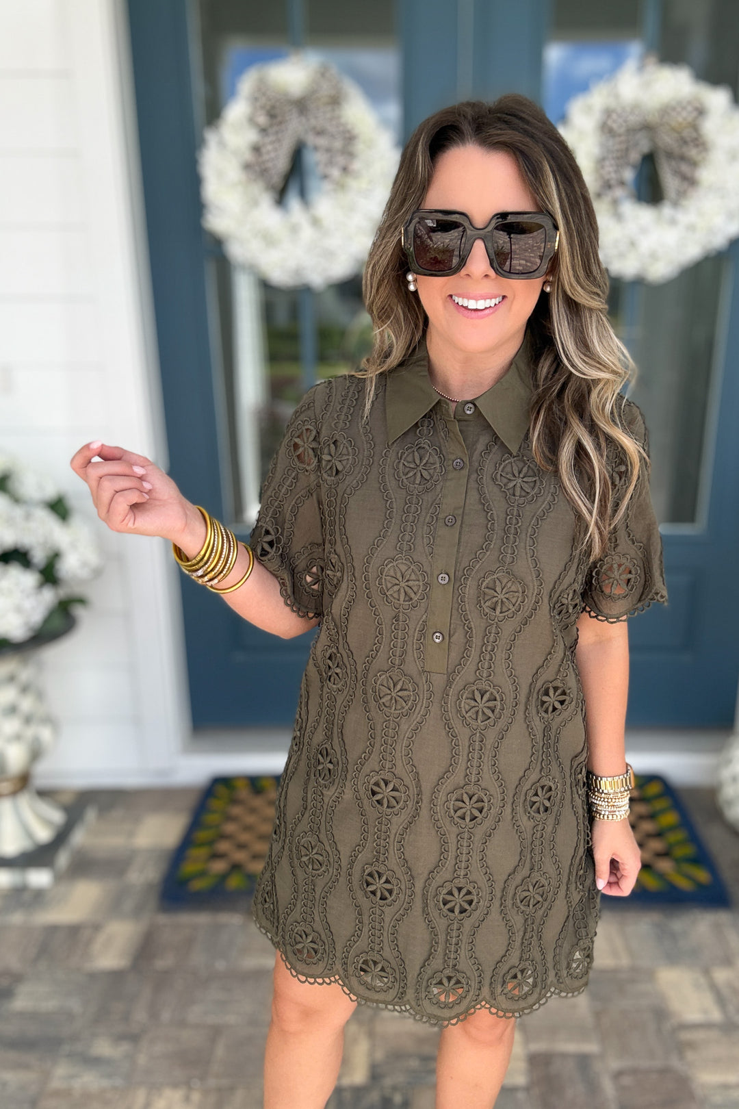 English Factory: Scallop Embroidered Shirt Dress - Olive