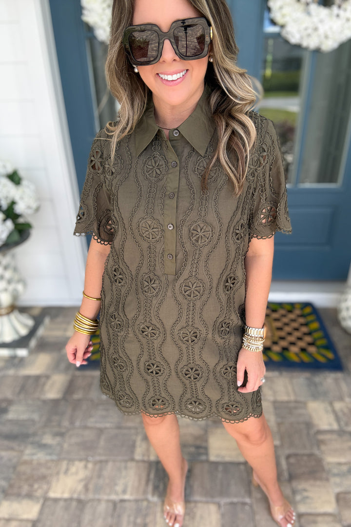 English Factory: Scallop Embroidered Shirt Dress - Olive