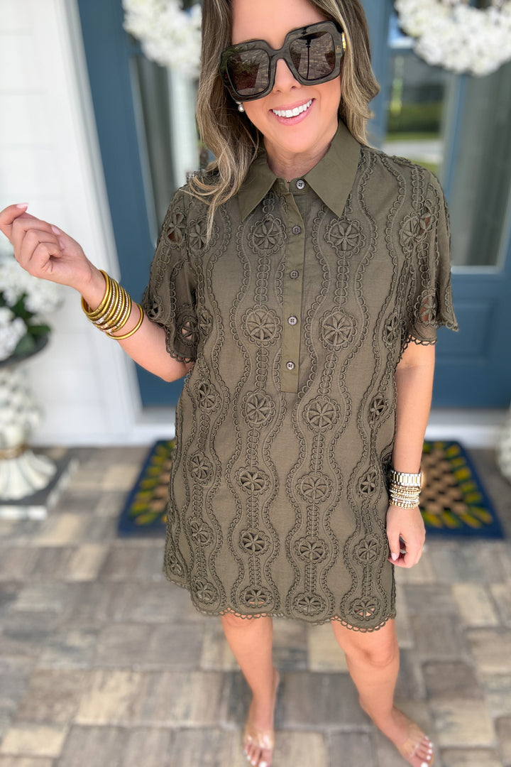 English Factory: Scallop Embroidered Shirt Dress - Olive