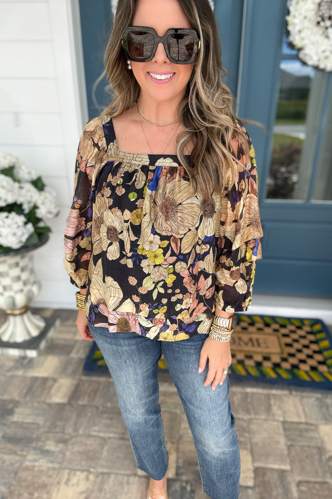 Square It Off Floral Blouse - Black