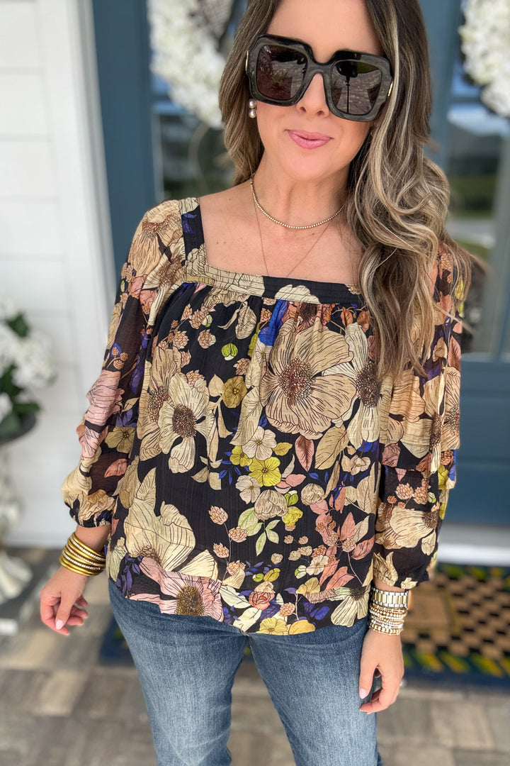 Square It Off Floral Blouse - Black