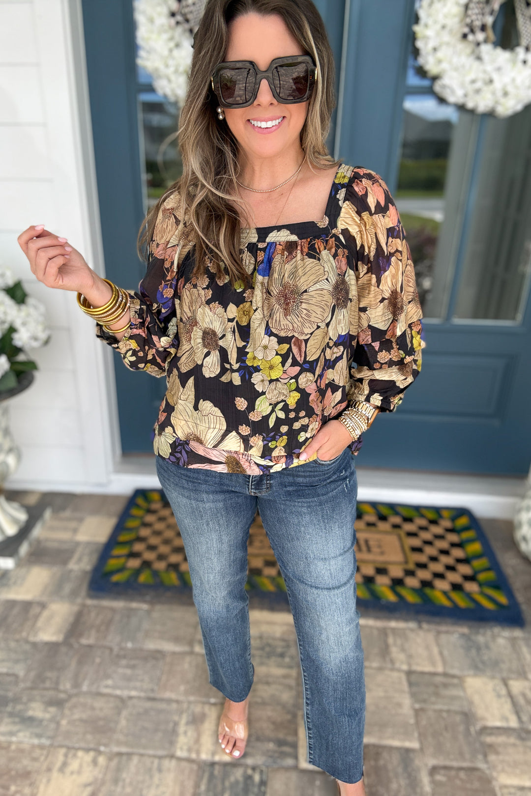 Square It Off Floral Blouse - Black