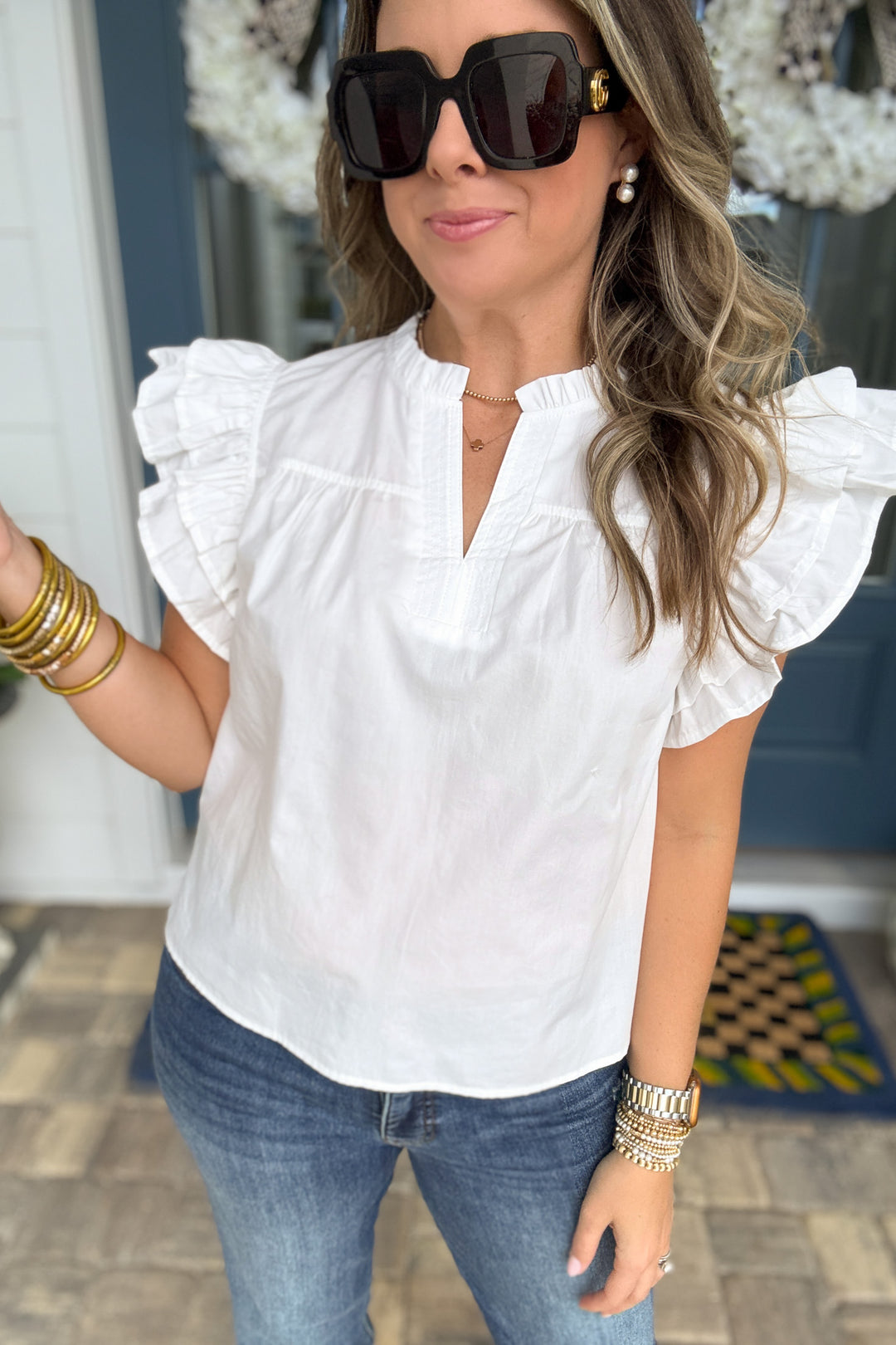 Southern Charm Ruffle Sleeve Blouse - White