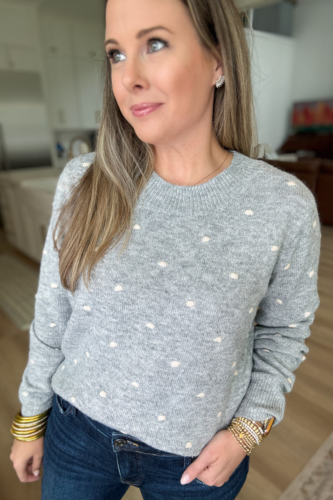 Take Me There Polka Dot Sweater - Heather Gray
