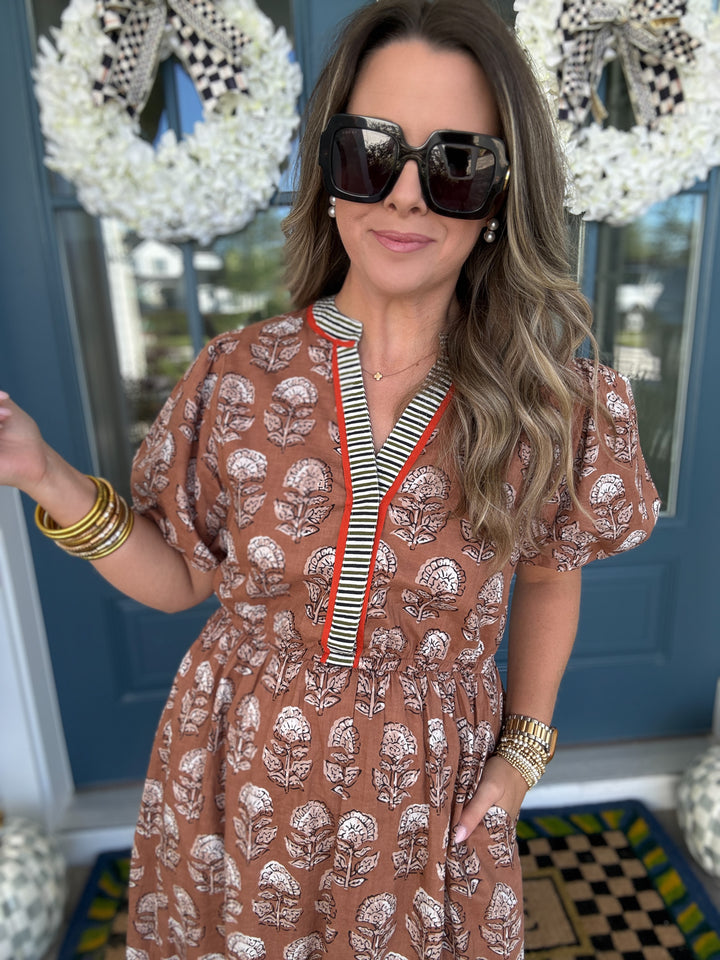 THML: Brown Printed Midi Dress