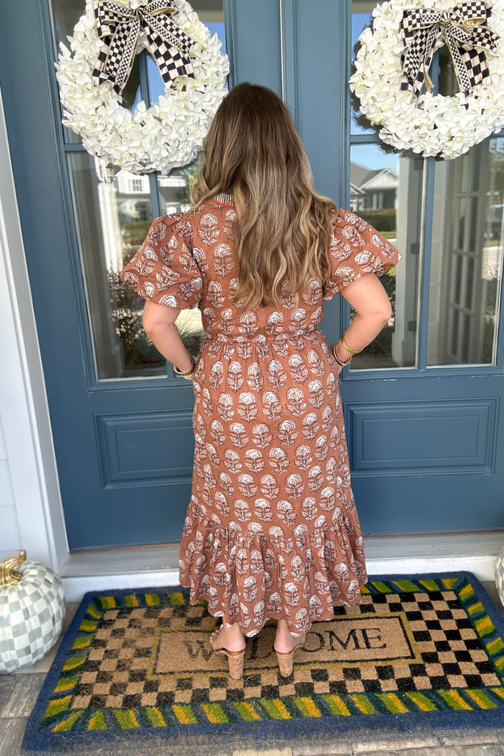 THML: Brown Printed Midi Dress