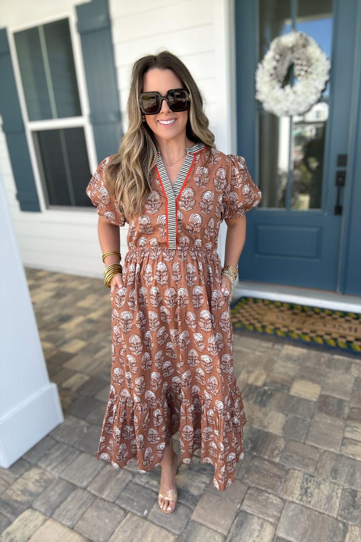 THML: Brown Printed Midi Dress