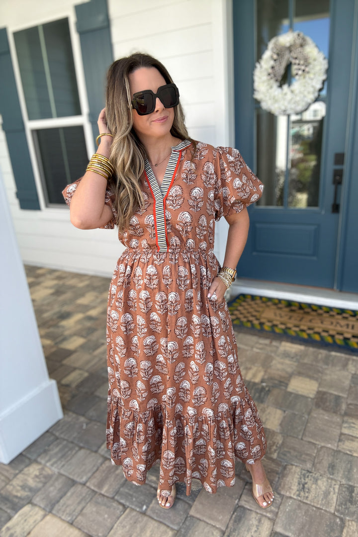 THML: Brown Printed Midi Dress