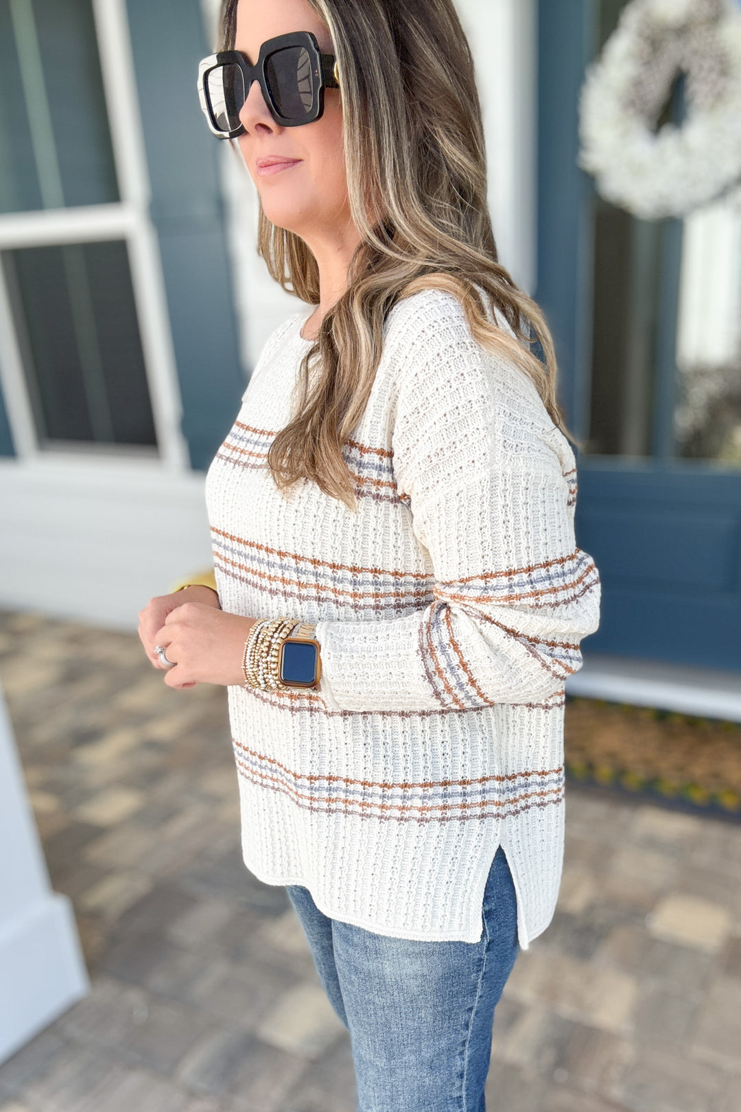 Striped And Simple Sweater:  Taupe Multi