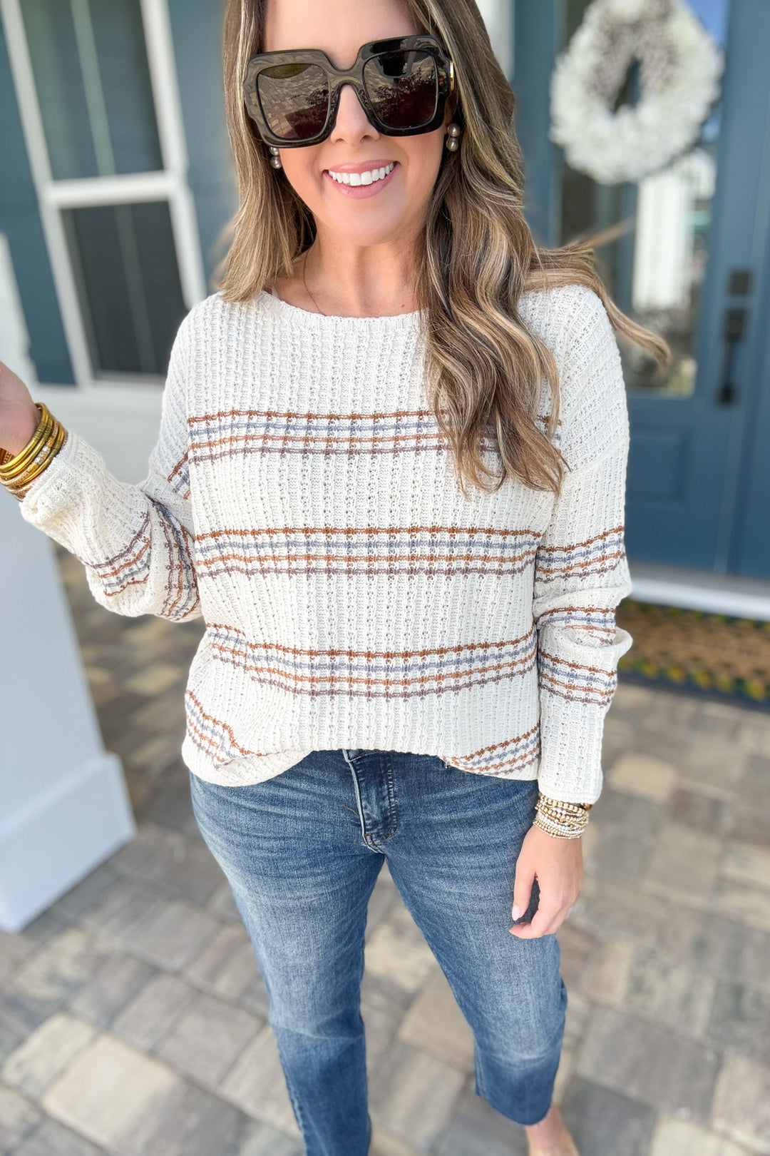 Striped And Simple Sweater:  Taupe Multi