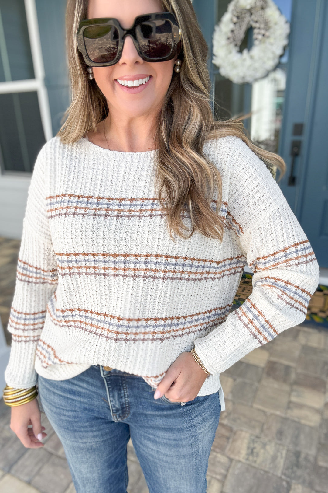 Striped And Simple Sweater:  Taupe Multi