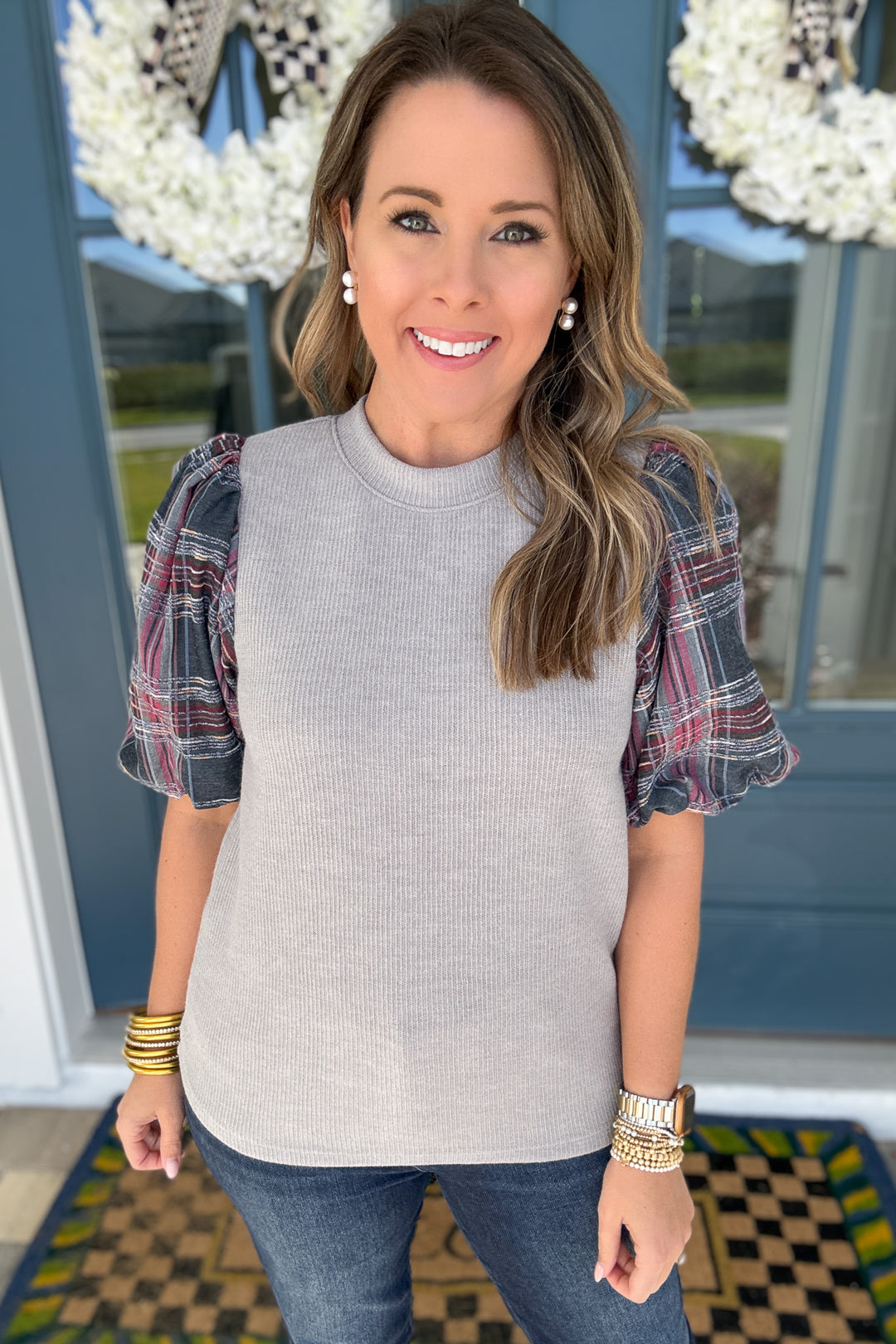 THML: Plaid Puff Sleeve Mixed Media Top - Gray
