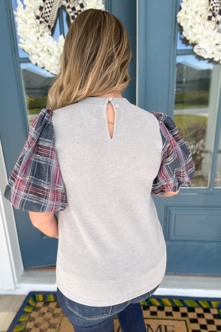 THML: Plaid Puff Sleeve Mixed Media Top - Gray