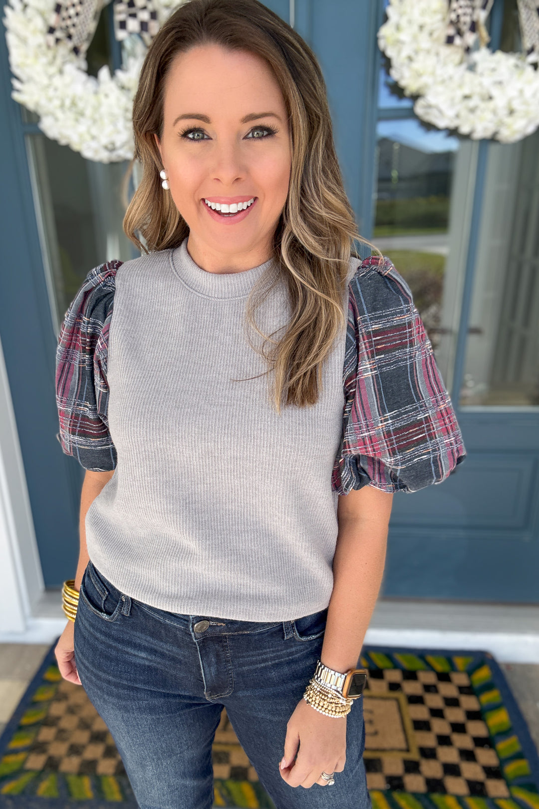THML: Plaid Puff Sleeve Mixed Media Top - Gray