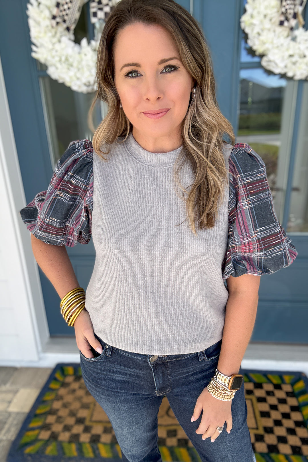 THML: Plaid Puff Sleeve Mixed Media Top - Gray