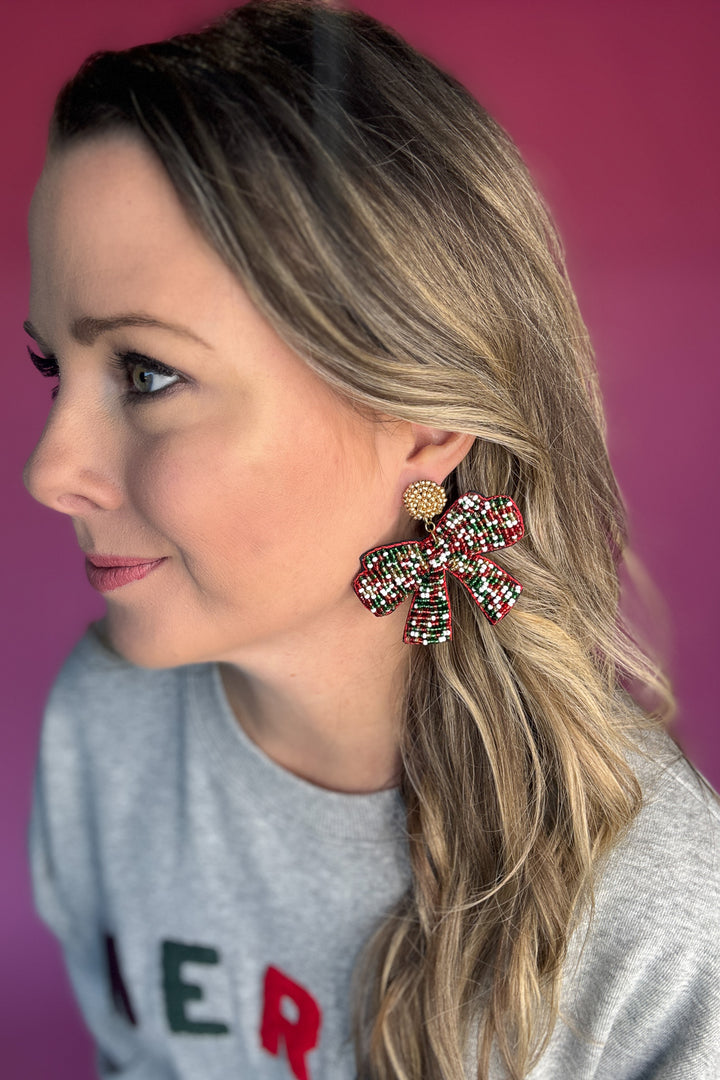 Christmas Multi Beaded Bow Earrings