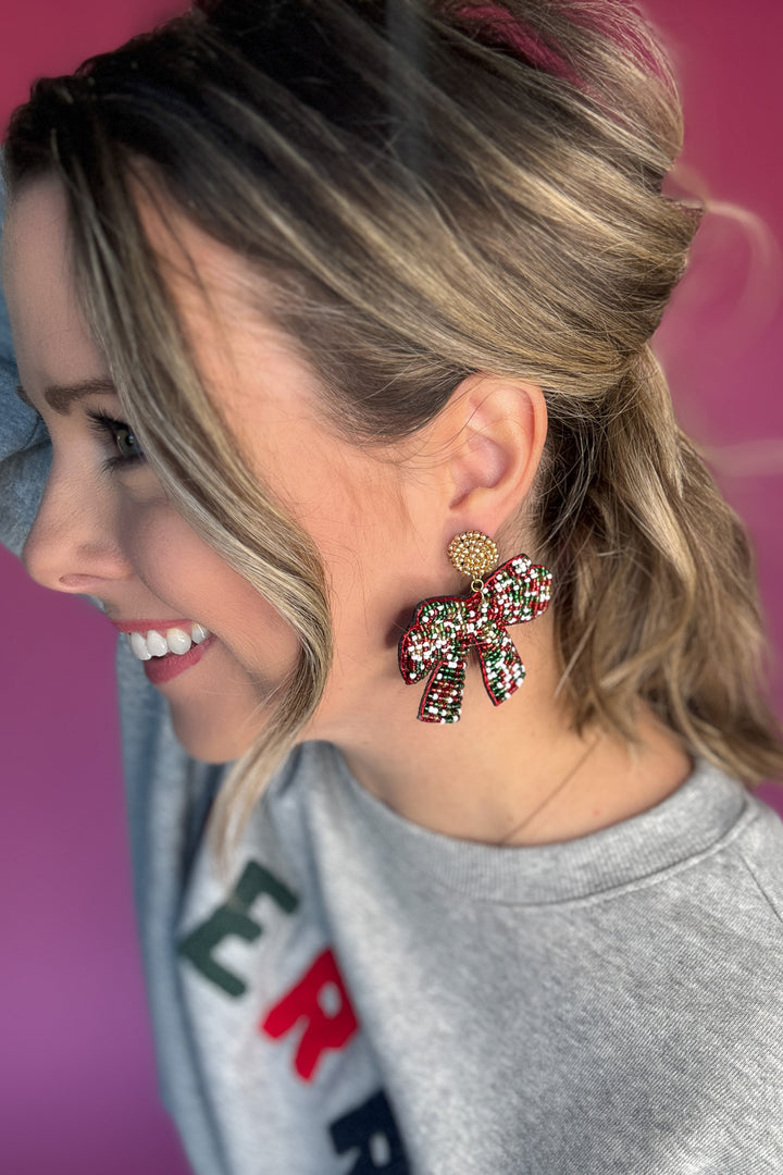Christmas Multi Beaded Bow Earrings