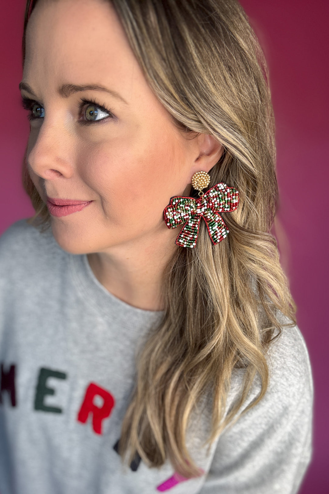 Christmas Multi Beaded Bow Earrings