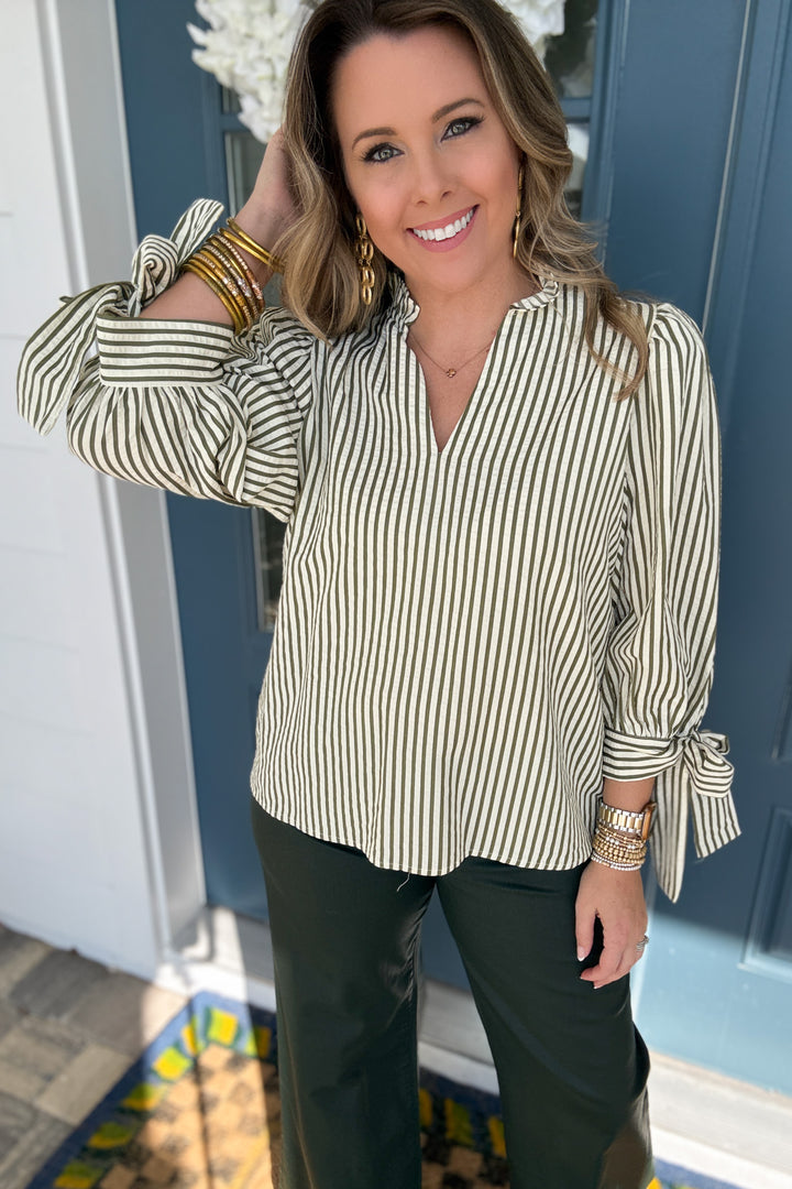 Triple Threat Stripe Ruffle Top - Olive - B Social Boutique