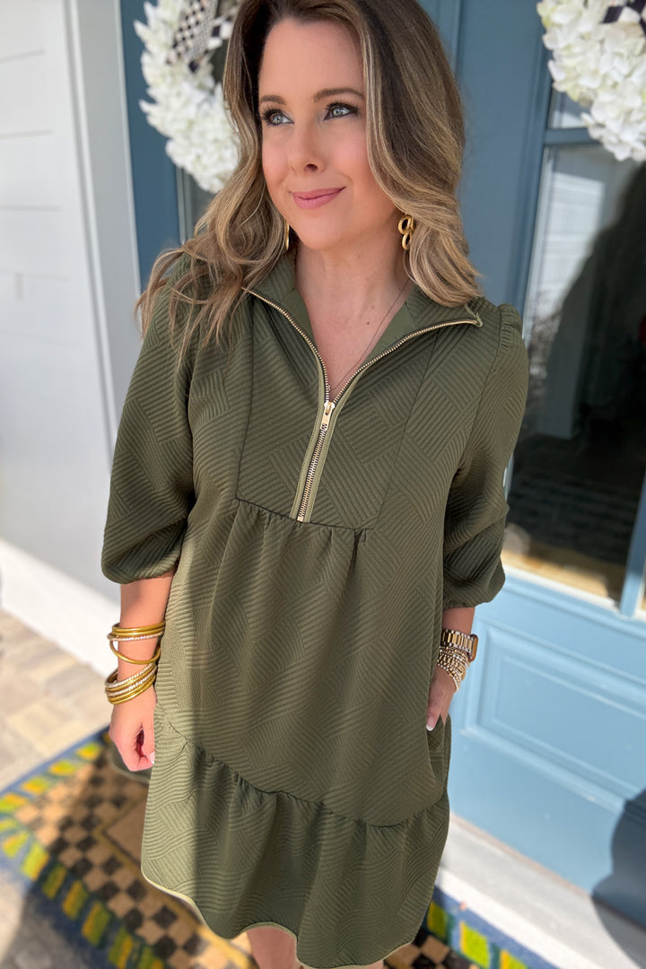 Get Textured Zip Dress - Olive