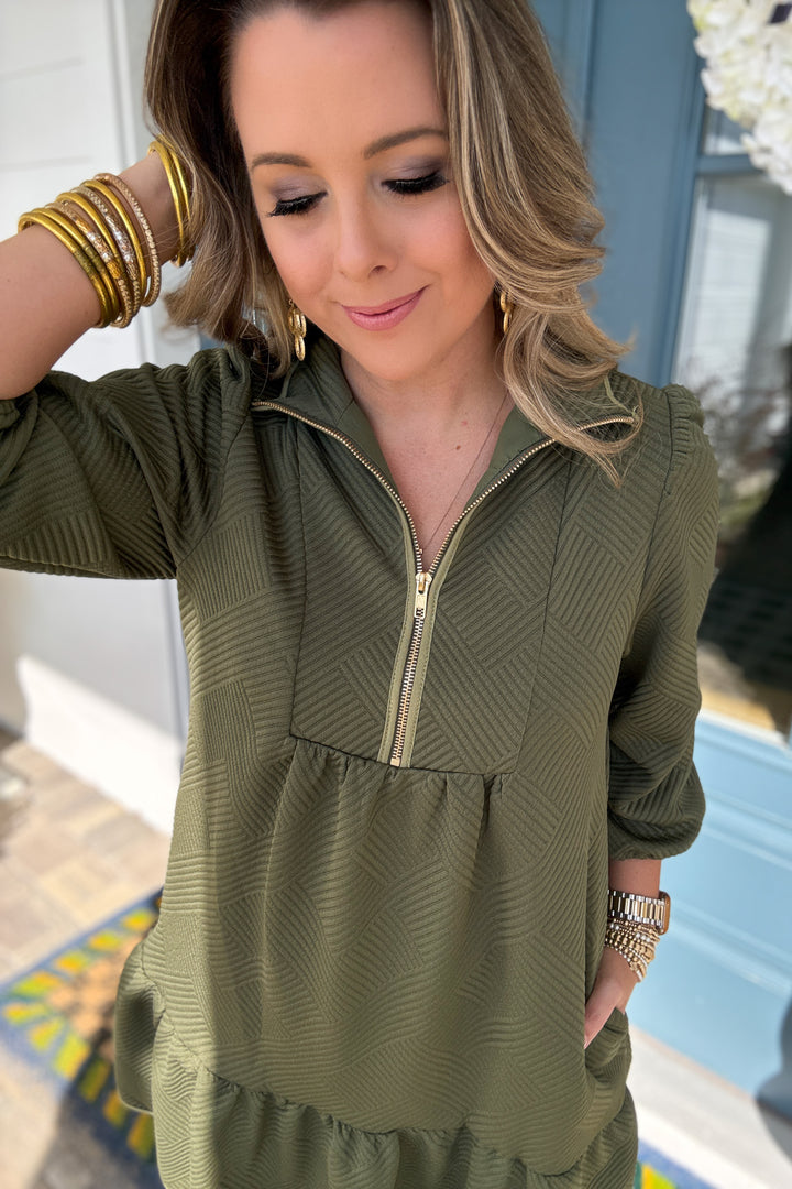 Get Textured Zip Dress - Olive