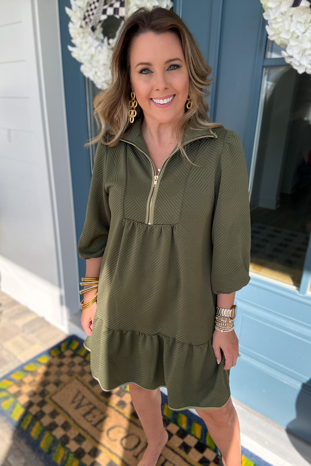 Get Textured Zip Dress - Olive