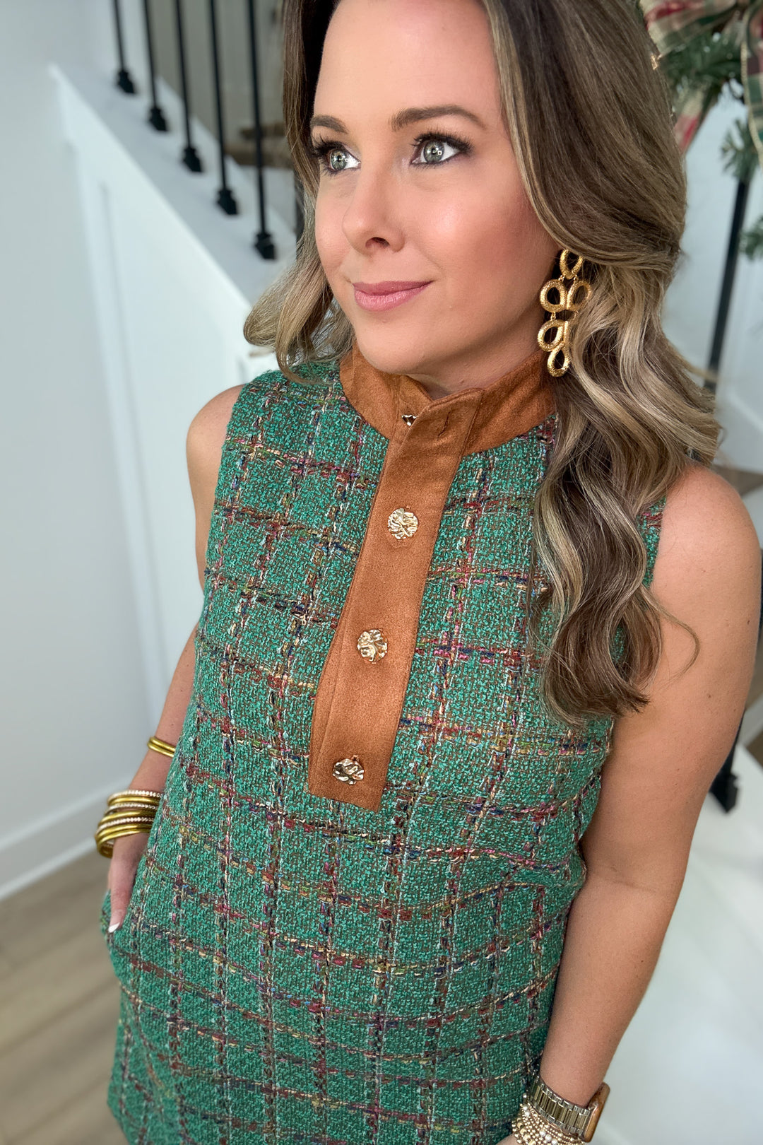 THML: Classy In Tweed Green Sleeveless Dress