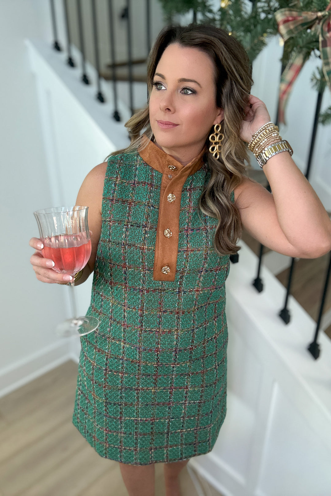 THML: Classy In Tweed Green Sleeveless Dress