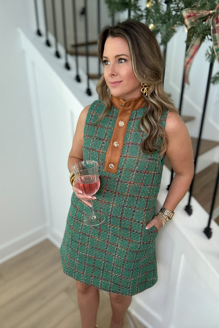 THML: Classy In Tweed Green Sleeveless Dress
