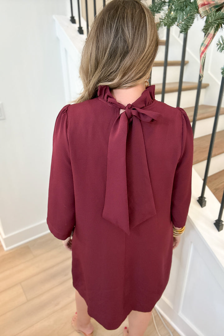 Bow Tie Ruffle Neck Shift dress - Sangria