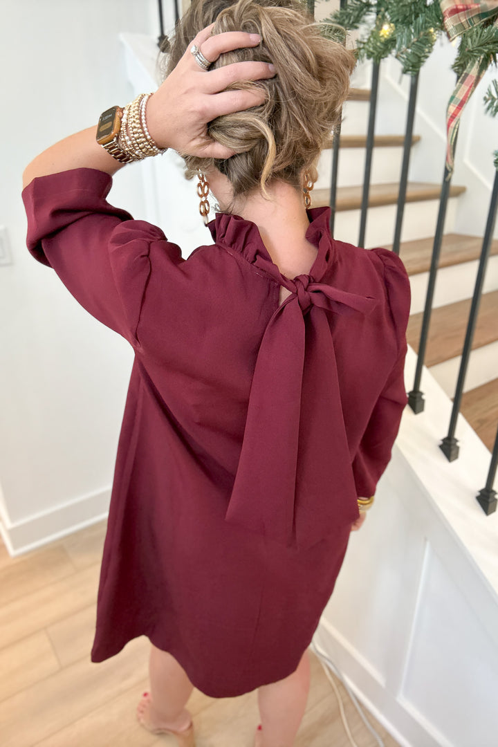 Bow Tie Ruffle Neck Shift dress - Sangria