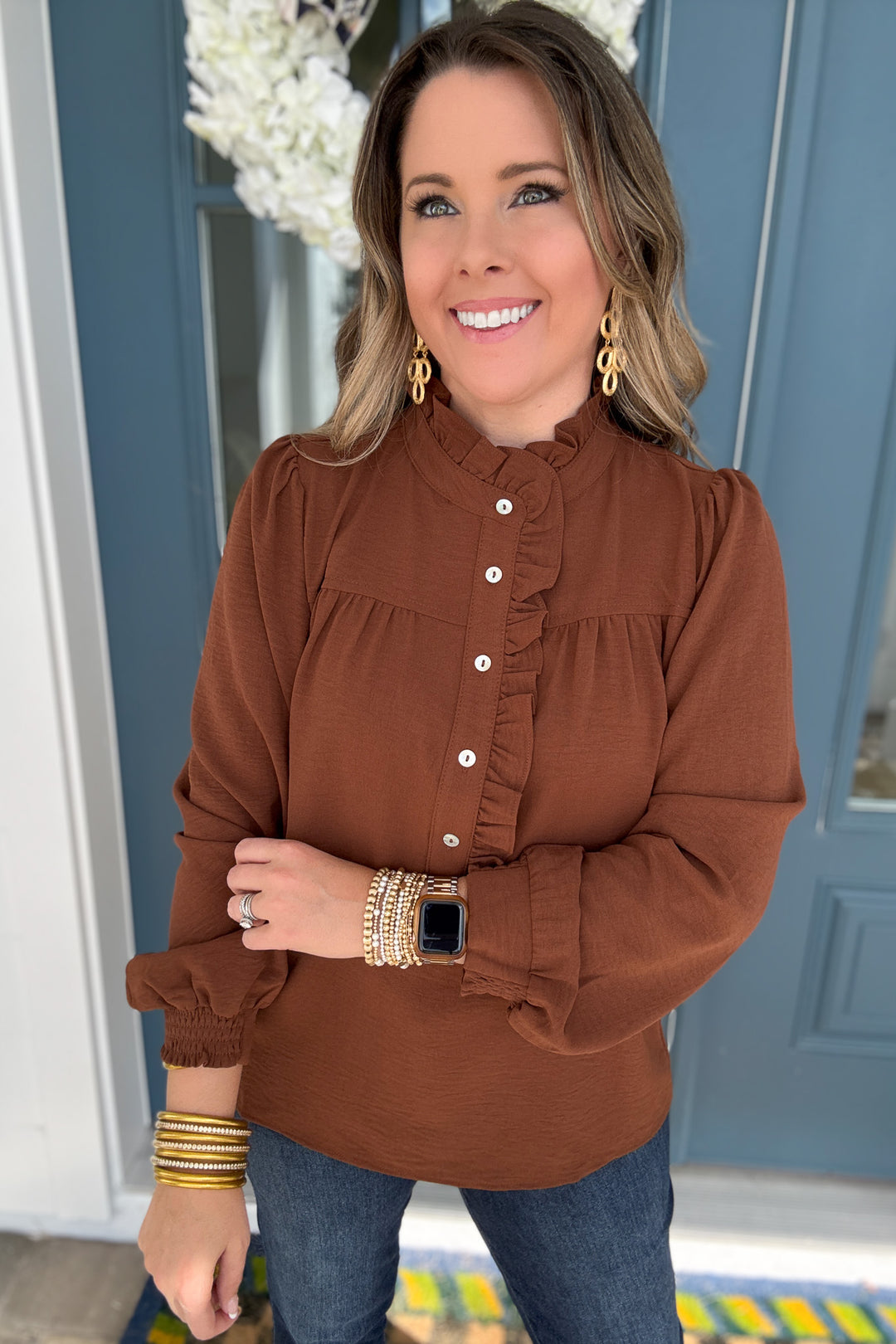Cinnamon Ruffle Button Blouse - B Social Boutique